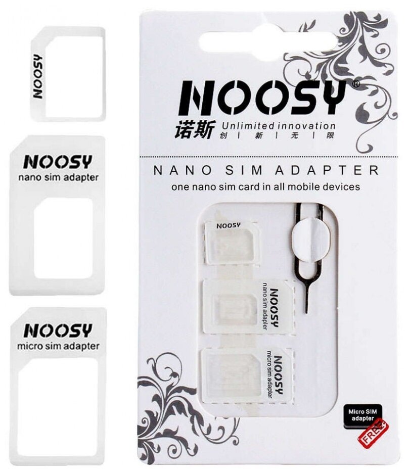 Адаптер для сим-карт Noosy 4в1 nanoSIM/microSIM/SIM/iPhone скрепка белый