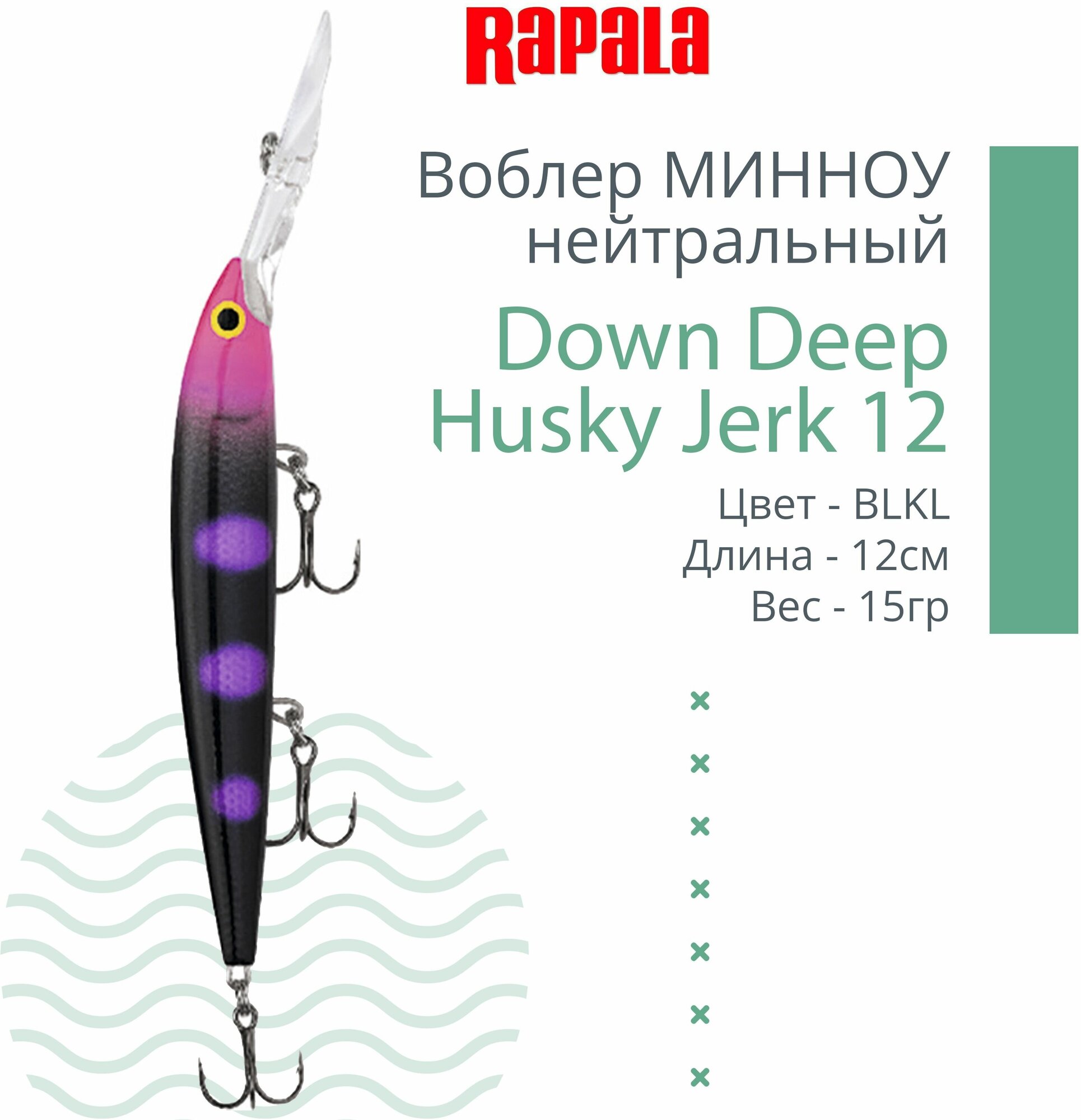 Воблер для рыбалки RAPALA Down Deep Husky Jerk 12, 12см, 15гр, цвет BLKL, нейтральный