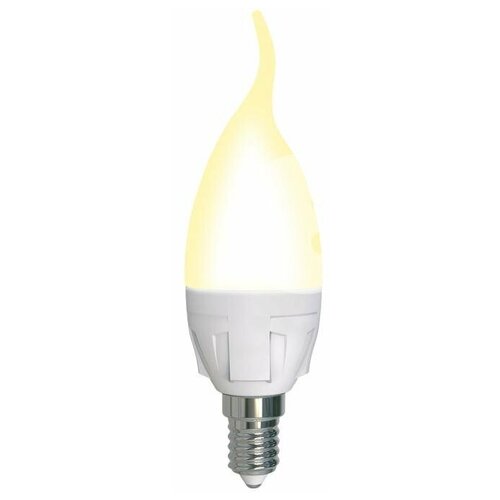 фото Светодиодная лампа uniel led-cw37 7w/3000k/e14/fr/dim plp01wh диммируемая. форма «свеча на ветру», матовая. серия яркая. теплый белый свет (3000k). картон.