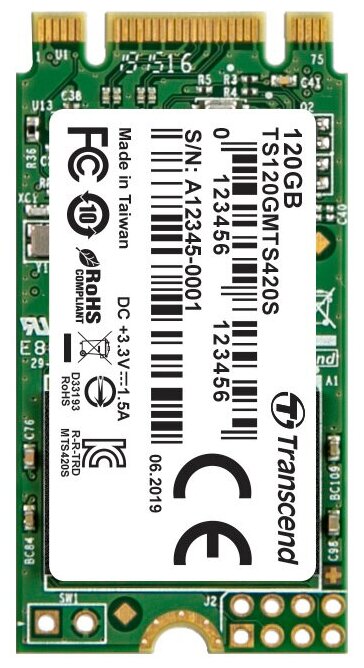 Внутренний SSD M.2 Transcend 120Gb MTS420 /TS120GMTS420S/ (SATA3, up to 500/350MBs, 3D NAND, 40TBW, 22x42mm)