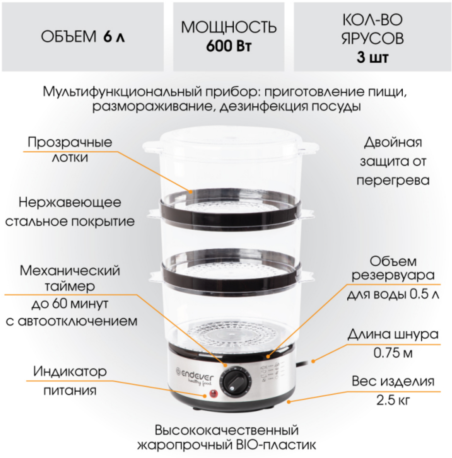 Пароварка Endever Vita, автоотключение по таймеру, отключение при недостатке воды, таймер - фотография № 2