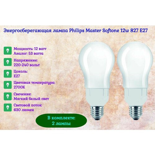 Лампа энергосберегающая Philips Master Softone A65 12w 827 E27 теплый белый свет / 2 штуки