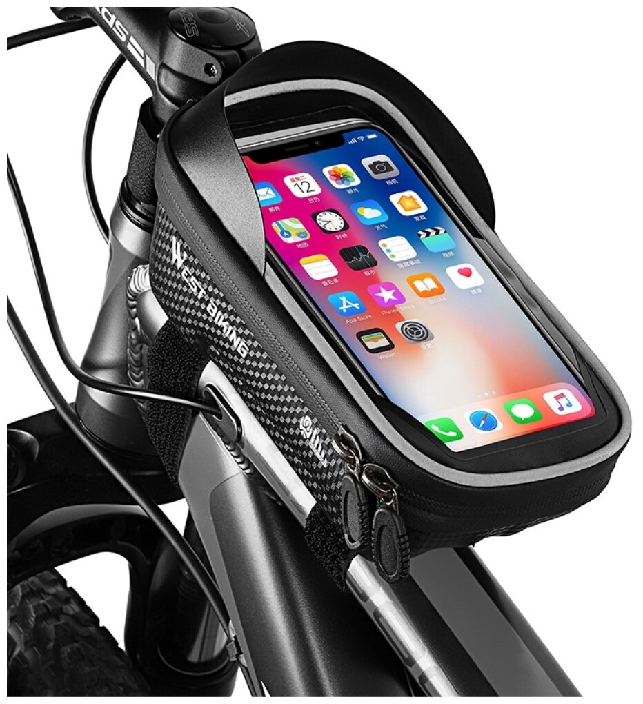Велосипедная водонепроницаемая сумка для телефона West Biking с креплением на раму, с доступом к сенсорному экрану до 6,5 дюймов, черная