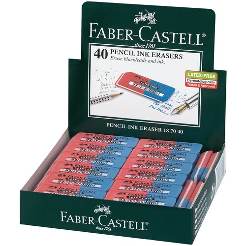Ластик Faber-Castell Latex Free, скошенный, комбинированный, синтетический каучук, 56*20*7мм, 40 штук в упаковке faber castell набор ластиков latex free 180667 2 шт красный синий 2 шт