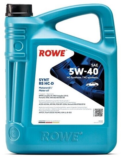 Синтетическое моторное масло ROWE Hightec Synt RS SAE 5W-40 HC-D, 5 л