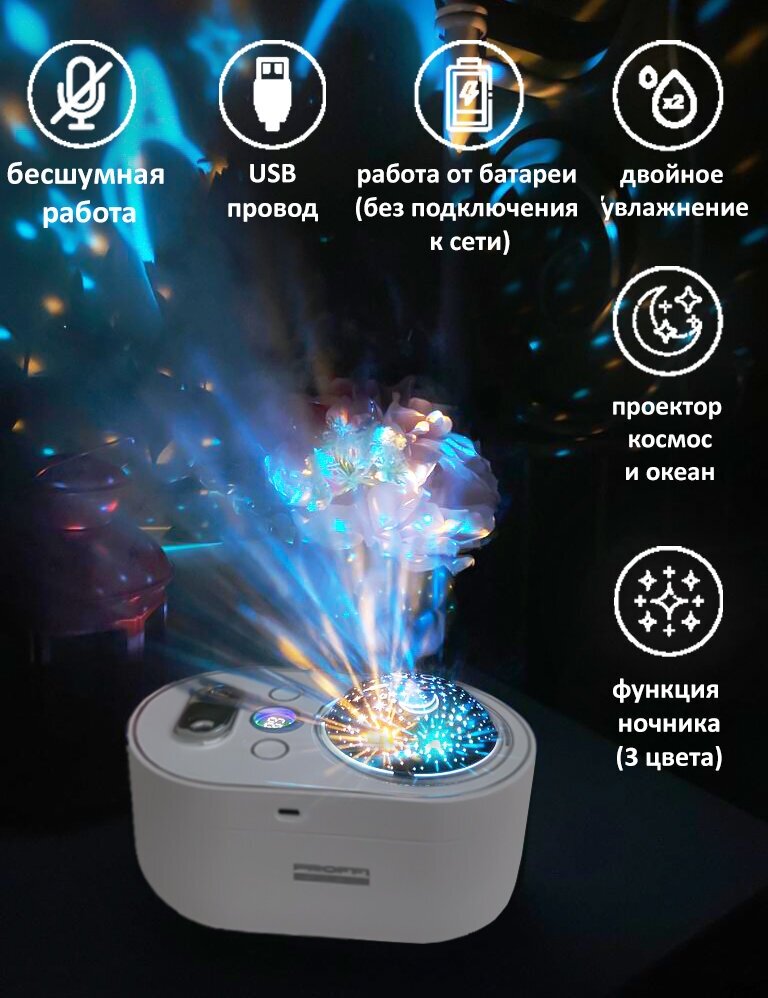 Увлажнитель воздуха для дома, ночник-проектор Звездное небо PROFFI HOME PH11056 ультразвуковой, белый