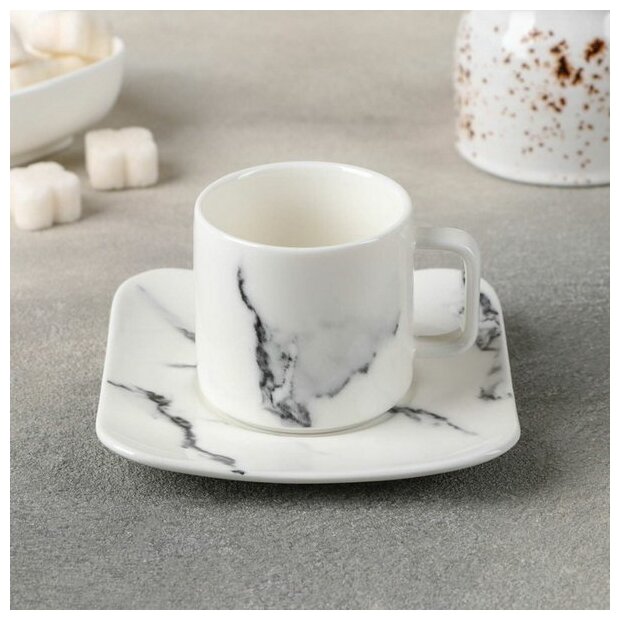 Кофейная пара фарфоровая "Мрамор", 2 предмета: чашка 90 мл, блюдце d=11.2 см, цвет белый, 12 шт.