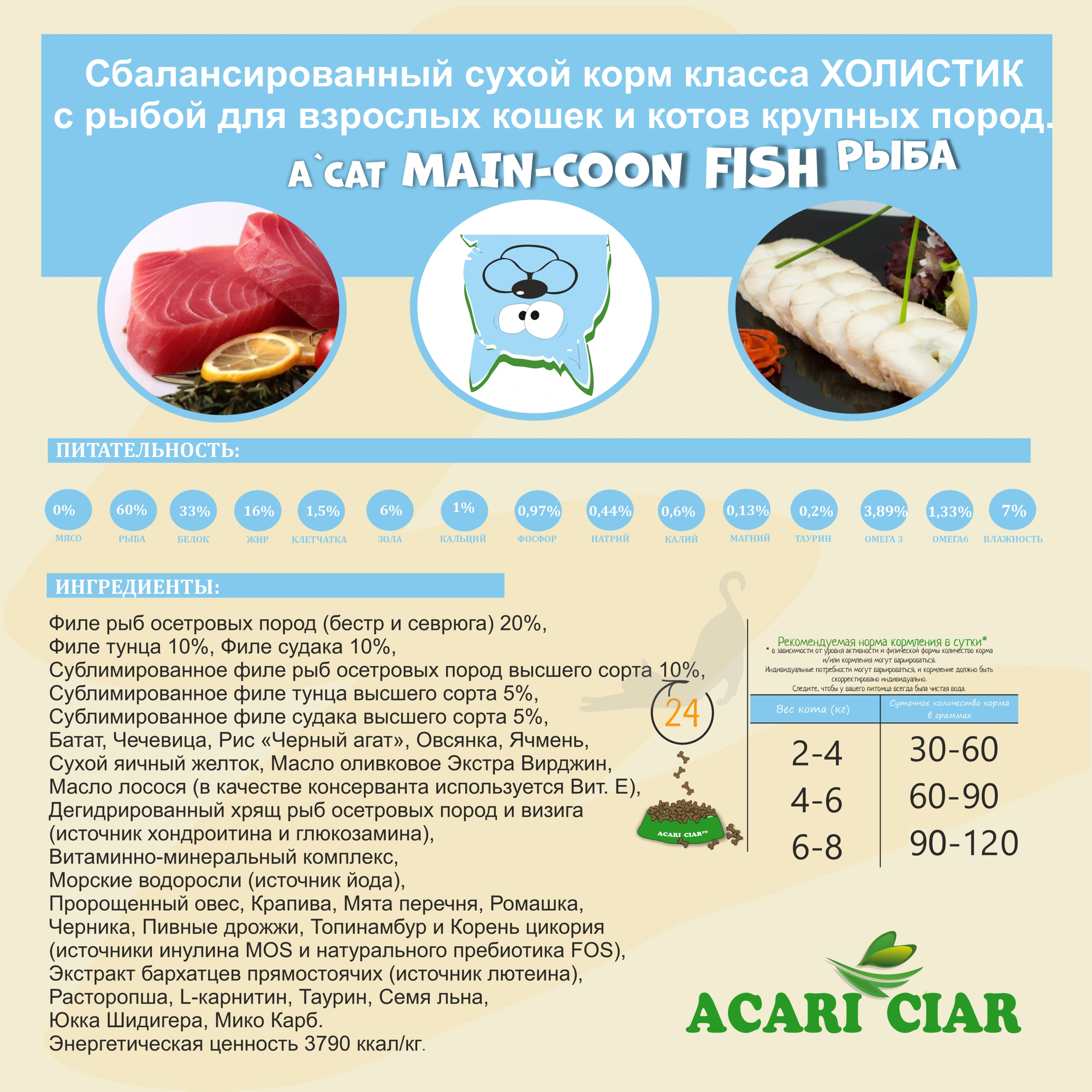 Сухой корм Acari Ciar для кошек породы Мейн-Кун A'Cat Maine-Coon Fish 0,5 кг рыба Акари Киар - фотография № 3