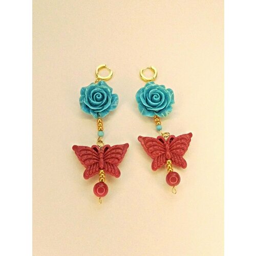 Серьги , красный, голубой
