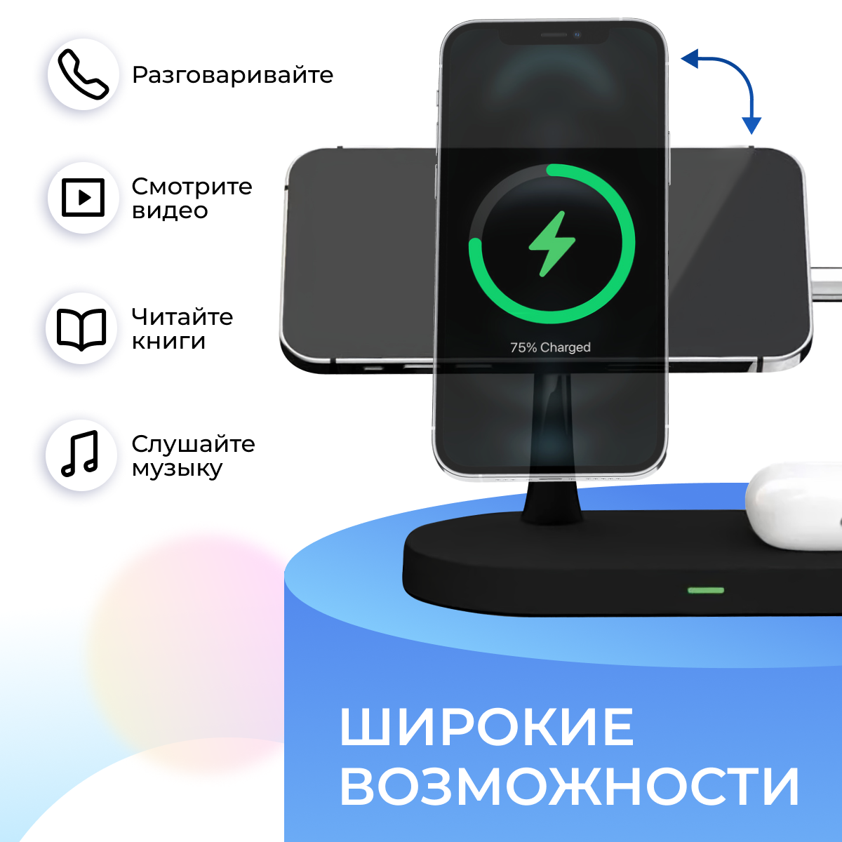 Беспроводная док станция 5 в 1 MagSafe 15W для Apple iPhone, Apple Watch и AirPods / Зарядка на Эпл Айфон, Эпл Вотч и Айрподс / Черная