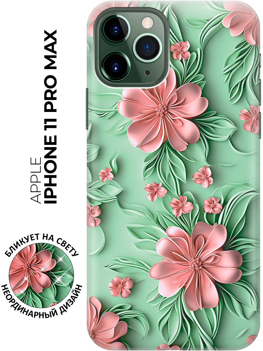 Силиконовый чехол на Apple iPhone 11 Pro Max с принтом "Розовые цветы на мятном фоне"