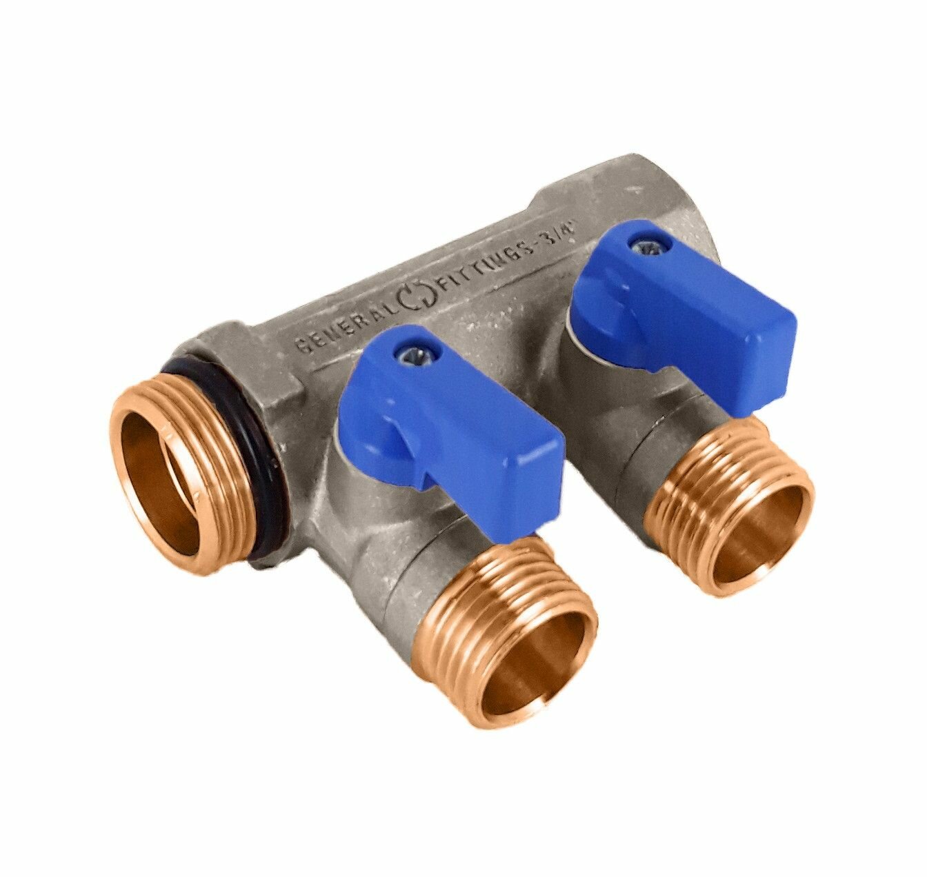 фото Коллектор латуный никелированный Hoobs 3/4"х2х1/2"EK с шаровыми кранами синие флажки 2 выхода