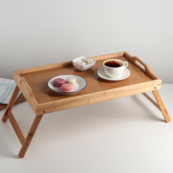 Поднос-столик бамбуковый / Чайный поднос-столик / Поднос на ножках столик в кровать деревянный