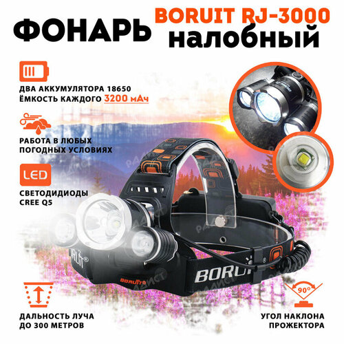 Светодиодный налобный фонарь Boruit RJ-3000 с аккумуляторами 18650