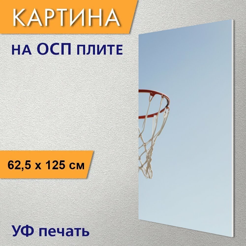 Вертикальная картина на ОСП для любителей спорта "Спортивные игры, баскетбол, кольцо" 62x125 см. для интерьера на стену
