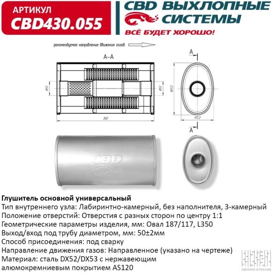 Глушитель Cbd нержавеющий, овал D187x117, L350, отверстие с разных сторон по центру (1:1) под трубу 51мм, 430.055