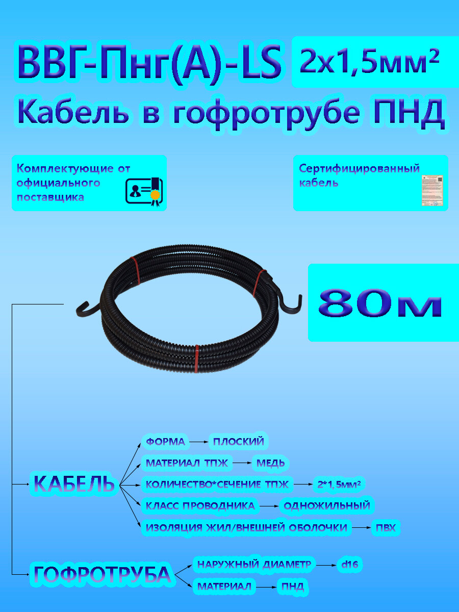 Кабель ВВГ-Пнг(А)-LS 2х1,5 ОК 0,66 кВ ГОСТ в черной гофротрубе ПНД d16 (80 м) универсальный L-фаза