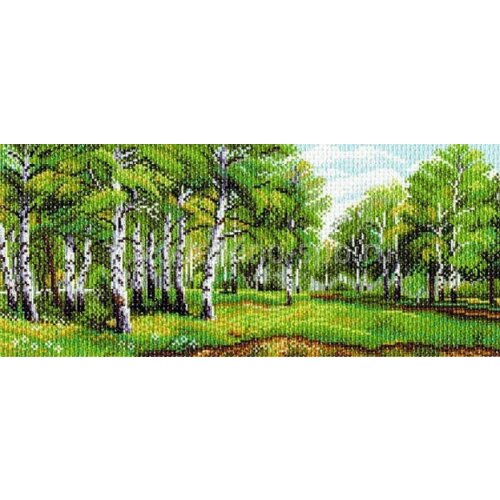 вышивка пейзаж с люпинами 13x20 см Набор для вышивания крестом по канве с рисунком Матренин посад Березовая роща, 16 х 38 см.