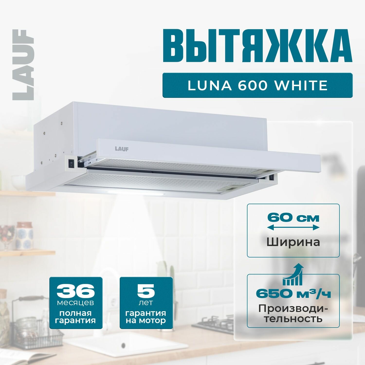 Вытяжка кухонная встраиваемая LAUF LUNA 600 WHITE