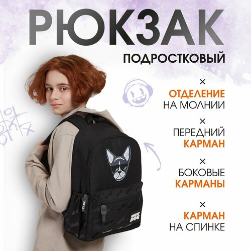 Рюкзак подростковый 40х30х15 см 1 отделение 4 кармана 1 на спинке нашивка черный 1671₽