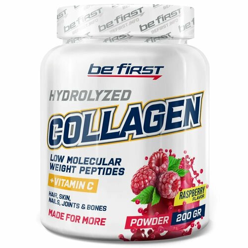 Be First Collagen + vitamin C 200 гр (Малина) препарат для укрепления связок и суставов naturalsupp collagen peptides vitamin c 300 гр