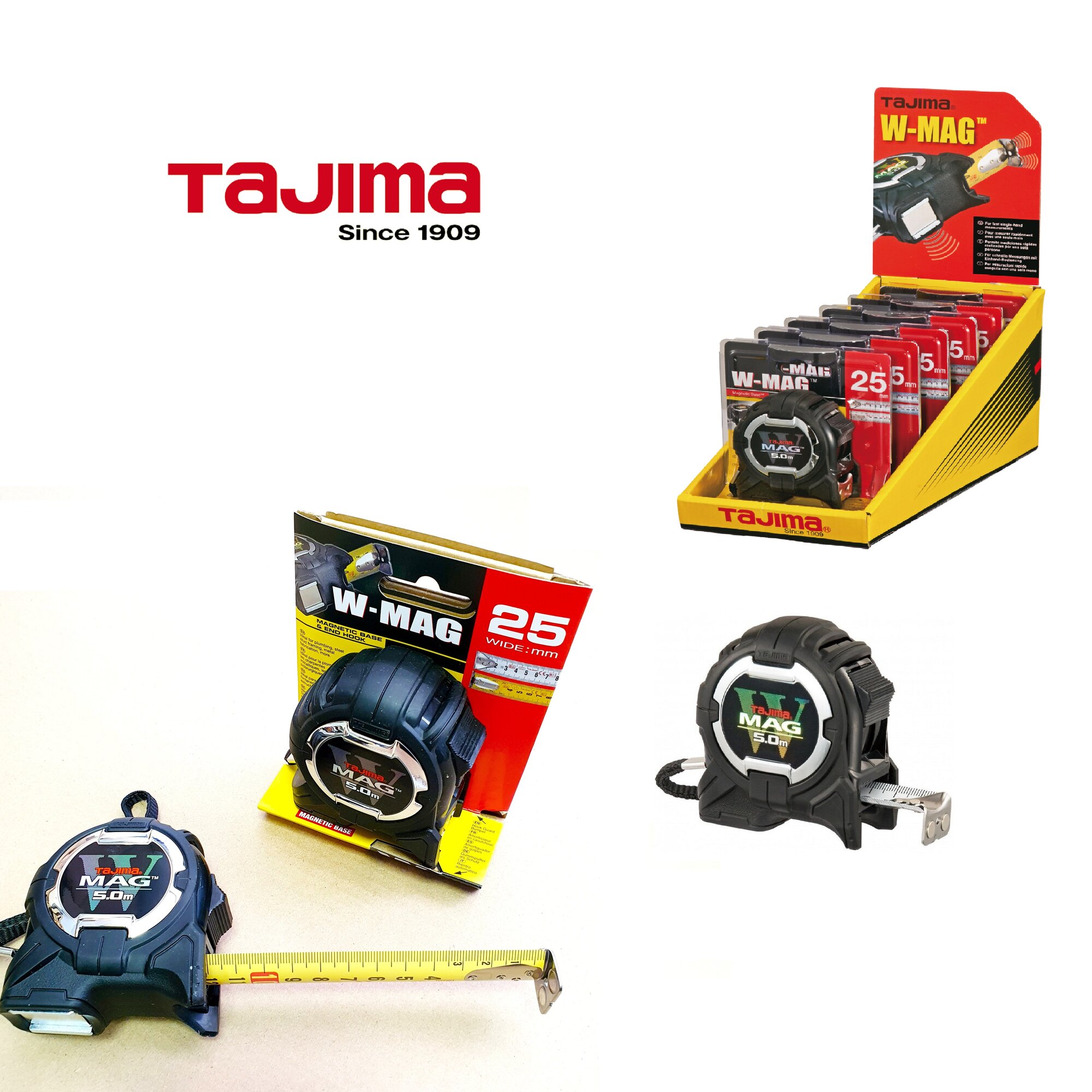 Рулетка TAJIMA W-MAG (WM550MRD) 5м/25мм c обрезиненным магнитным корпусом и зацепом, 2-х сторонняя шкала