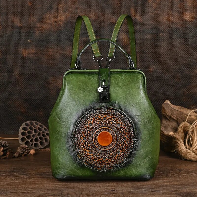 Винтажный женский кожаный рюкзак, green backpack, Унисекс