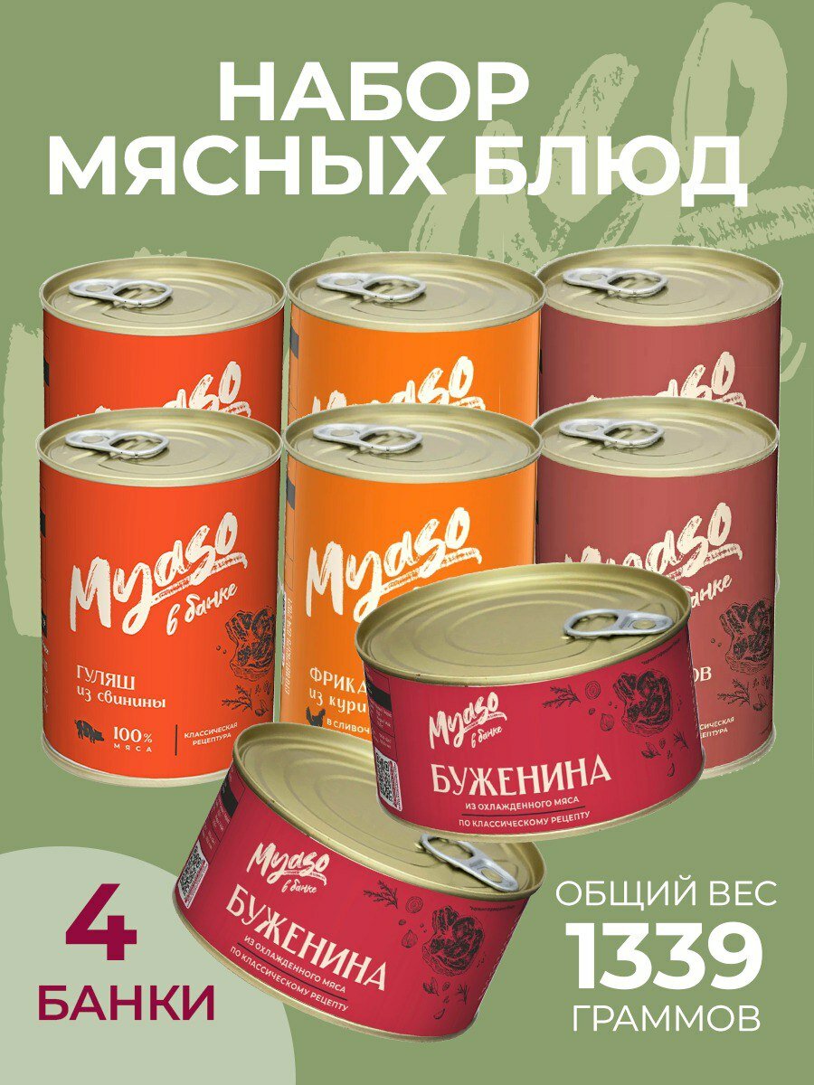 Тушенка, консервы мясные, Ассорти готовых блюда - Мясо в банк - 8 шт