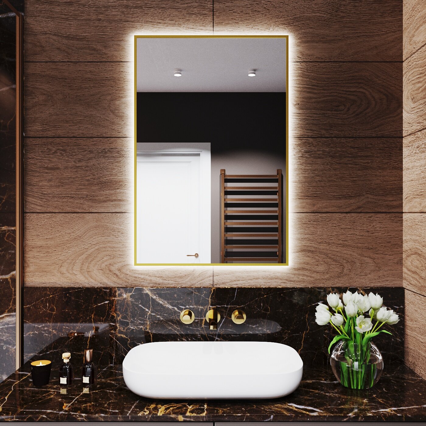 Зеркало с подсветкой в алюминиевой раме настенное Market-house90х60 см. Свет: Нейтральный белый 6000К. Золото