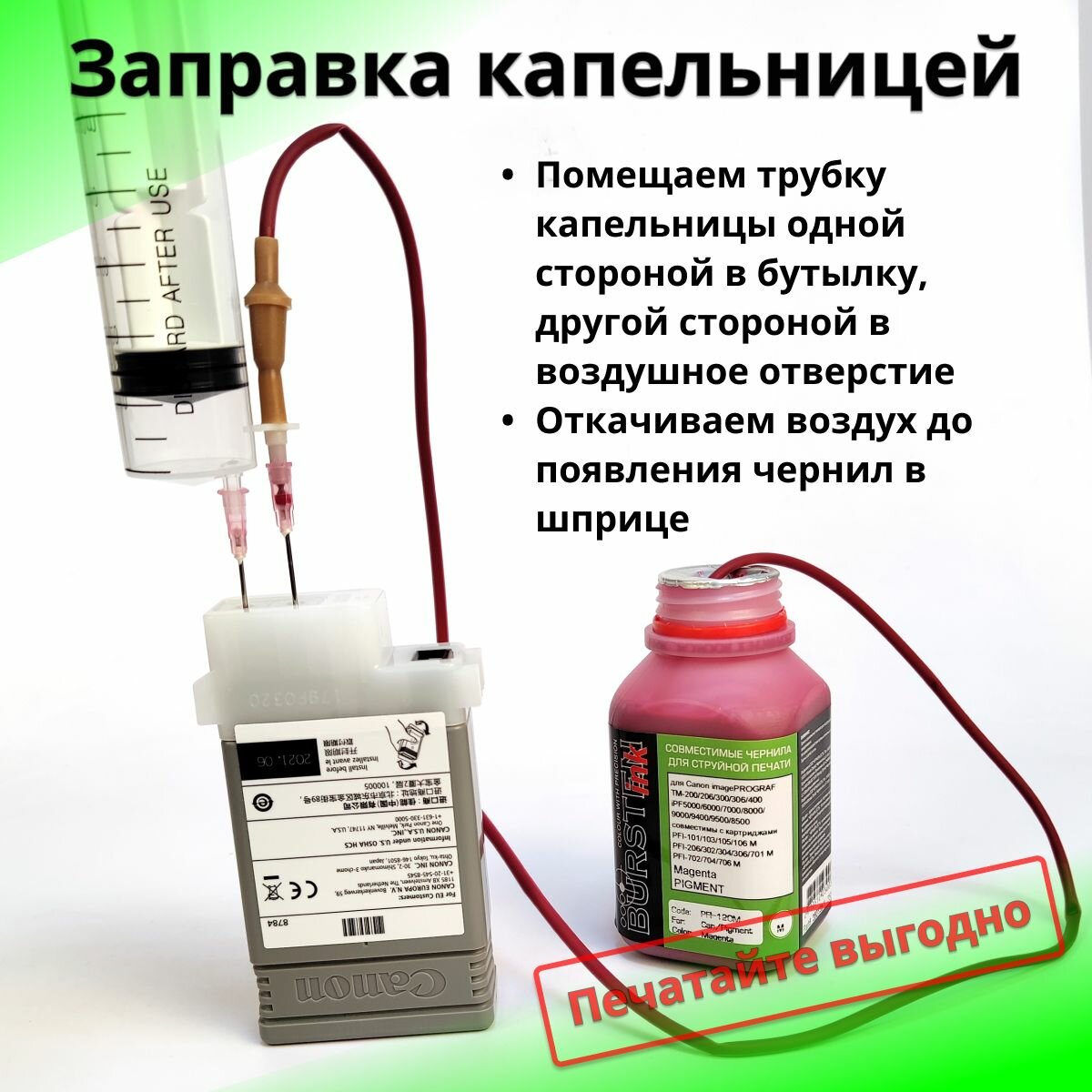 Заправочный набор для Canon imagePROGRAF TM-200, TM-205, TM-240, TM-250, TM-255, TM-300, TM-305, TM-340, TM-350, TM-355, TX-2000, TX-2100, TX-3000, TX-3100, TX-4000, TX-4100 (картриджи PFI-110, PFI-120, PFI-310, PFI-320, PFI-710), Bursten пигментные 250x5 — фото 1