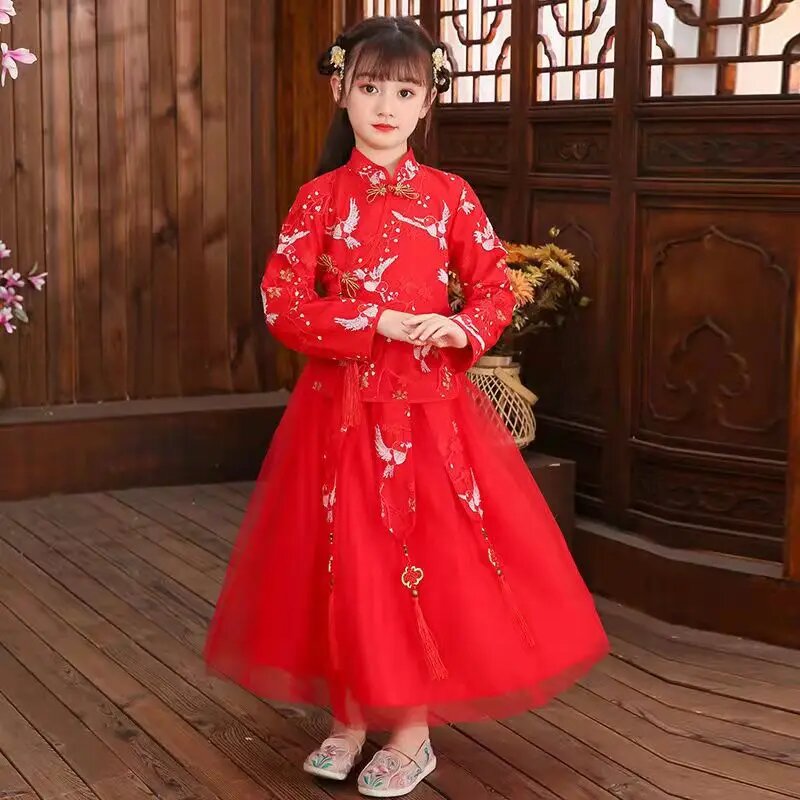 Китайское платье для новогодней девочки красный розовый синий Восточный Костюм традиционное китайское платье для девочек сказочный Детский костюм ханьфу в старинном стиле