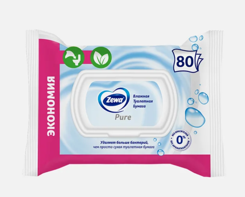 Бумага туалетная Zewa влажная Пьюр 80 шт в упаковке