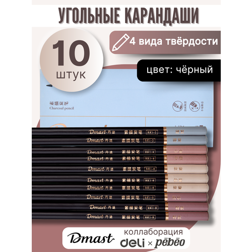 Угольные карандаши Dmast для рисования, 10 штук, круглые, дерево, черный цвет