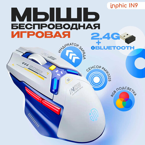 Мышь беспроводная Inphic IN9, игровая мышь для компьютера. желтый, синий, белый