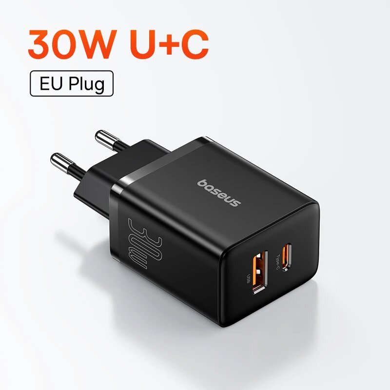 Зарядное устройство Baseus GaN, 30 Вт, USB Type C, быстрое зарядное устройство PD USB C, быстрая зарядка 3,0, двухпортовая зарядка для телефона для iPhone 15 14 13 12 Macbook, EU Plug