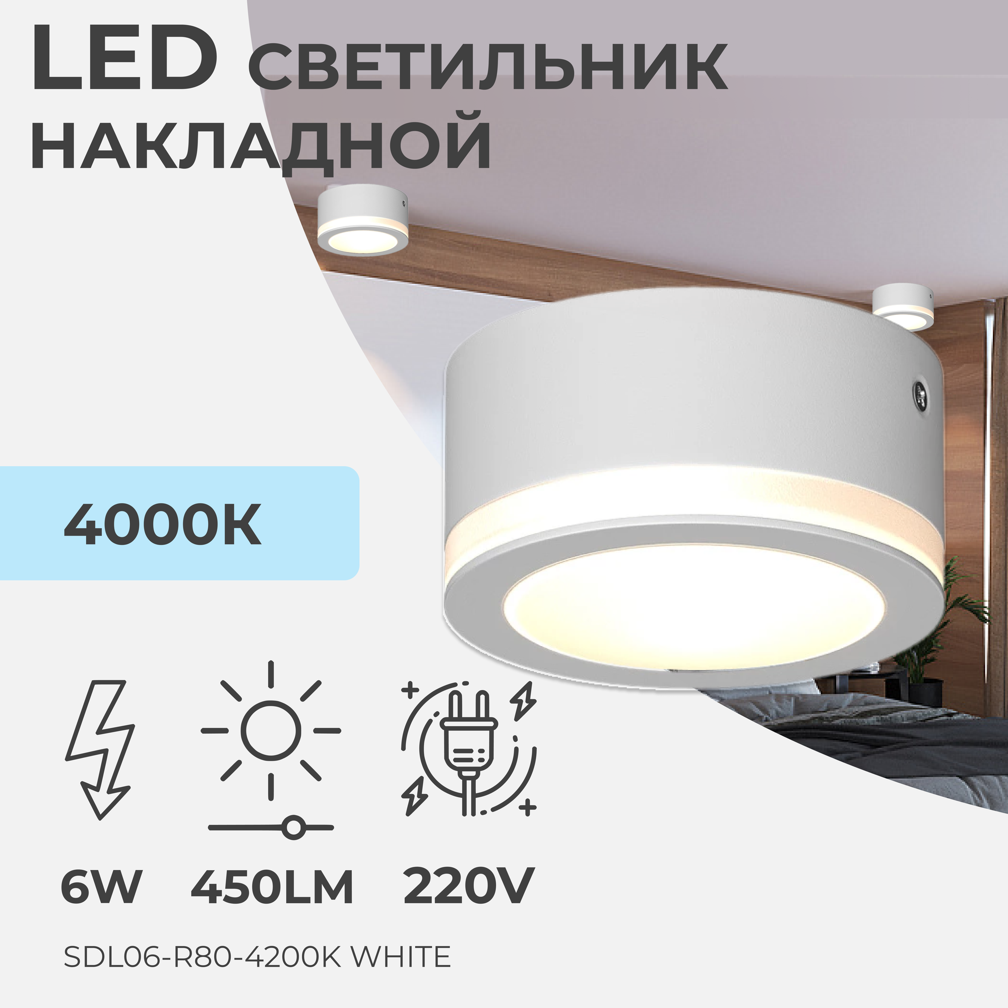 Светильник потолочный Ledron SDL06-R80-4200K White. Светильник накладной