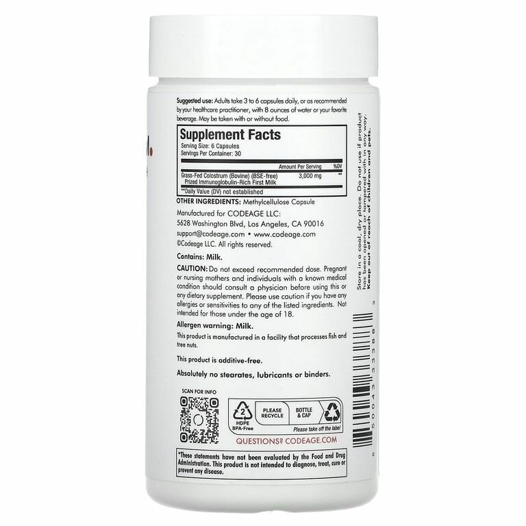 Изображение Codeage, Immuno Colostrum, Молозиво, поддержка иммунитета, 180 капсул