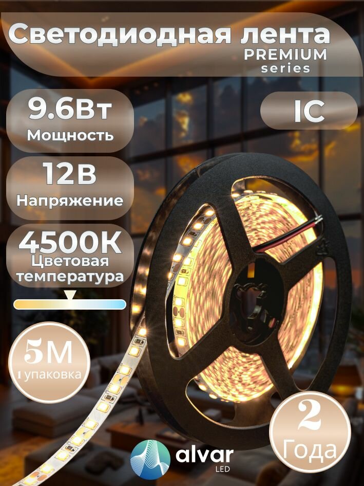 PREMIUM 12В 9.6Вт IC 4500К нейтральная IP20 2835 120 LED светодиодная лента (в упаковке 5 метров)