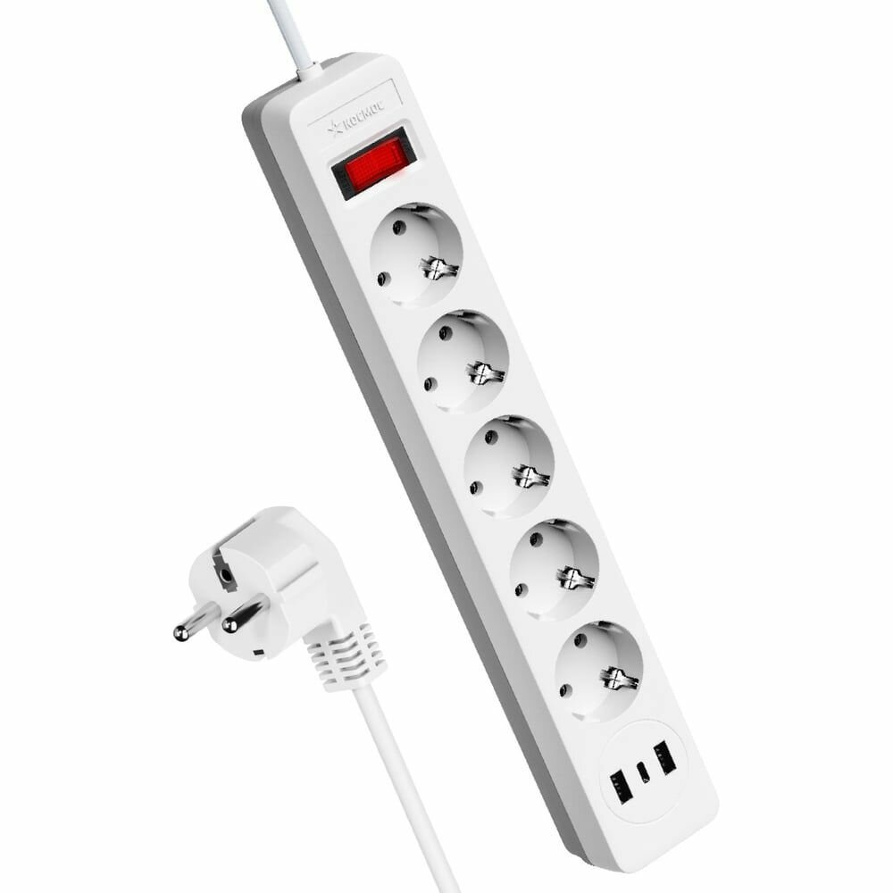 Удлинитель с сетевым фильтром 5х1.8м с заземл. 10А IP20 2.2кВт 2хUSB 3х0.75 с предохранителем космос FKsm1.8m-5g(W)USB