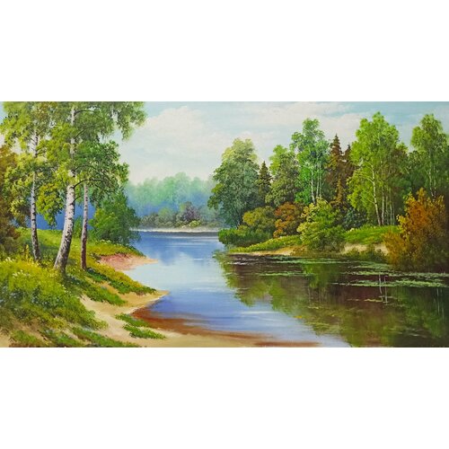 Картина маслом на холсте. Живопись. 100% ручная работа. Художественная мастерская Грёзы. Летний пейзаж с рекой. Размер картины 50х90 см.