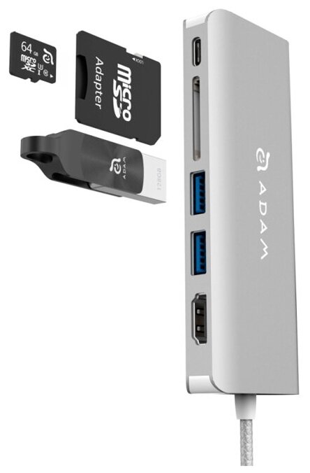 Адаптер Adam Elements CASA Hub (A01SL) USB-C - 2 USB 3.1, HDMI, SD Card, Ethernet серебристый