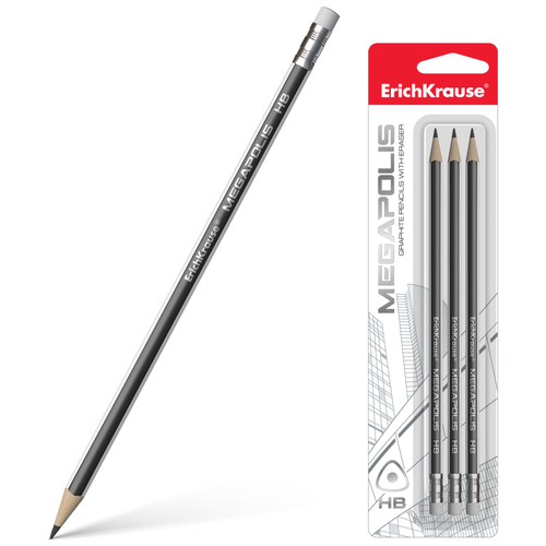 ErichKrause Набор чернографитных трехгранных карандашей с ластиком Megapolis 3 шт (43581)