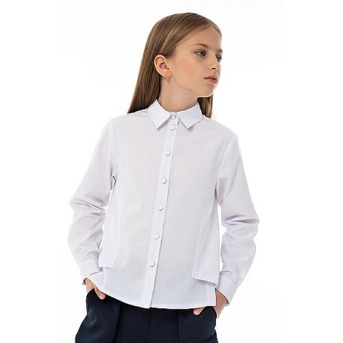 Школьная блуза MOORIPOSH, прямой силуэт, на пуговицах, манжеты, размер 158-84, белый