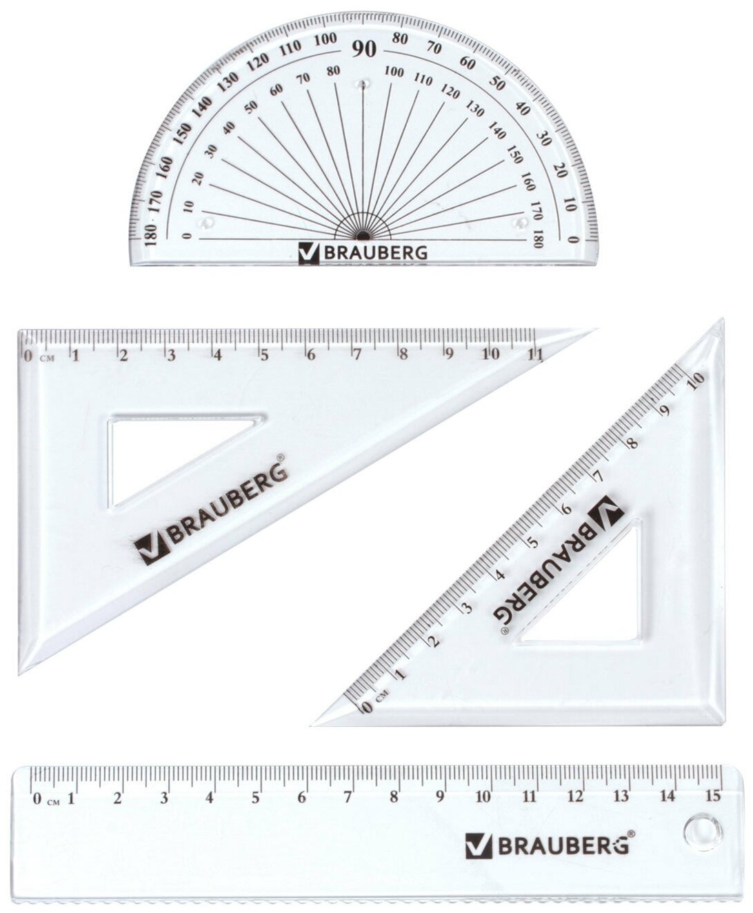 Набор чертежный малый BRAUBERG (линейка 15 см, 2 угольника, транспортир), конверт на молнии, 210306