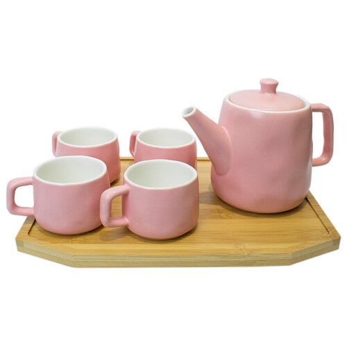фото Чайный набор, чайник, 4 чашки, бамбуковая подставка, розовый, 31х14х12 см, marma mm-set-03