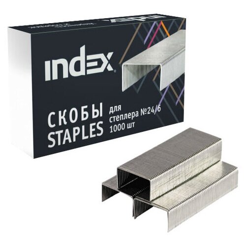 Index Скобы для степлера №24/6, 1000 штук, серебристый скобы для канцелярского степлера 24 6 комплект 10 пачек по 1000 штук staff 880503