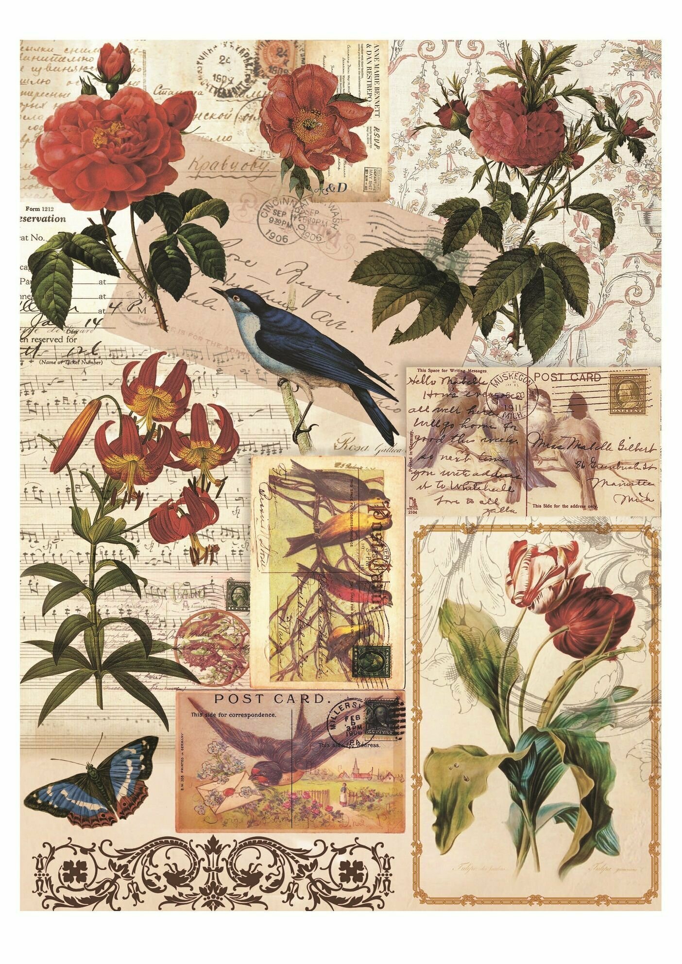 Рисовая бумага для декупажа Craft Premier "Птички и Цветочки", формат А4