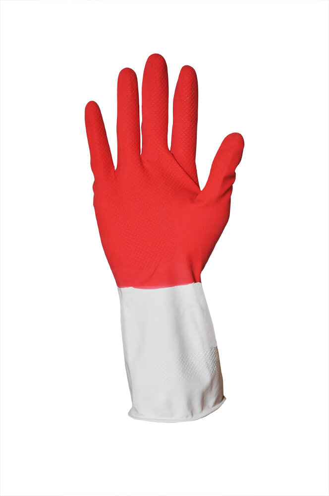 Перчатки хозяйственные Рифленая поверхность, удлиненная манжета, повышенная прочность, 2-х цветные Red/White, длина 305 мм. размер XL