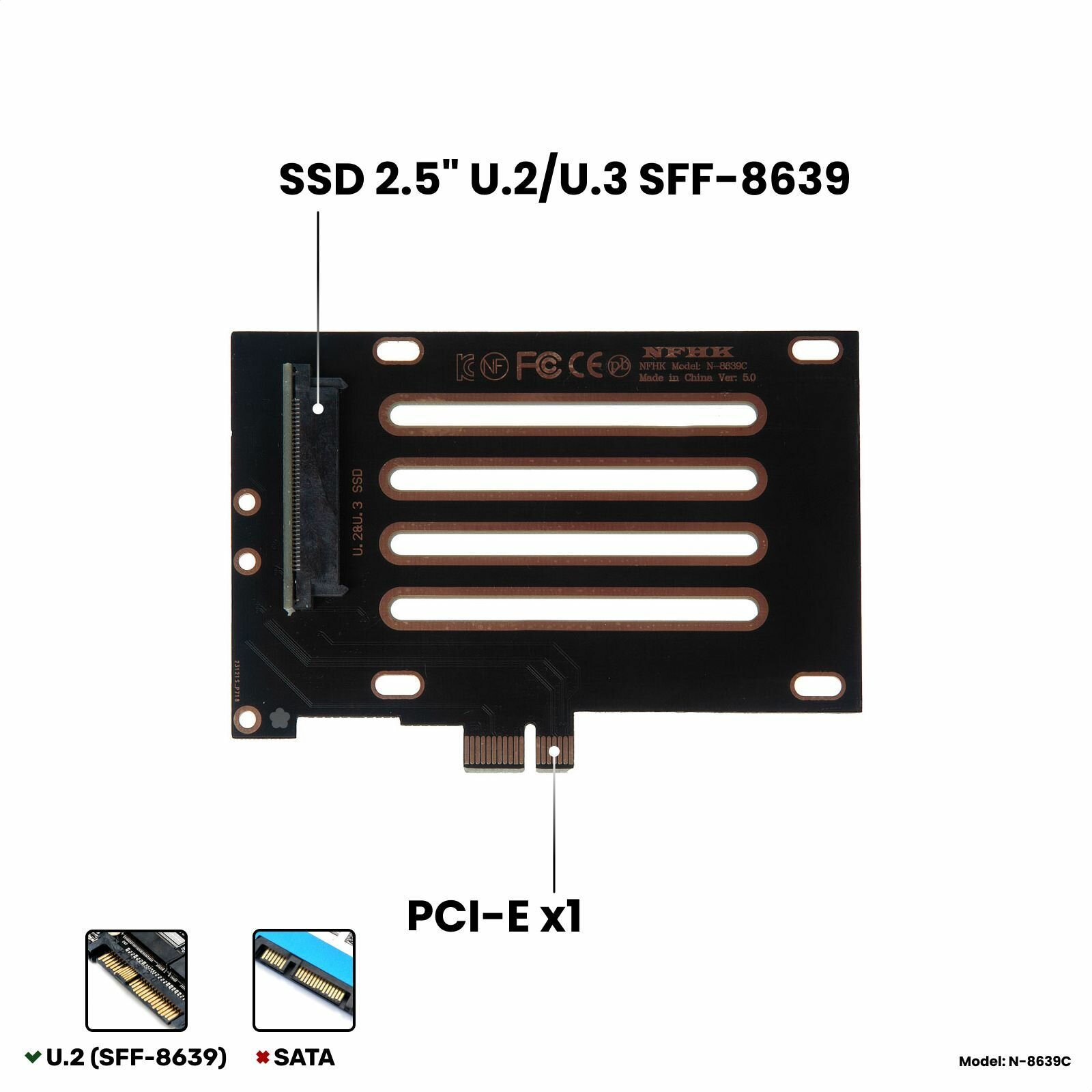 Адаптер-переходник (плата расширения) для установки SSD 2.5" U.2/U.3 SFF-8639 PCI-E NVMe в слот PCI-E x1 черный NHFK N-8639C