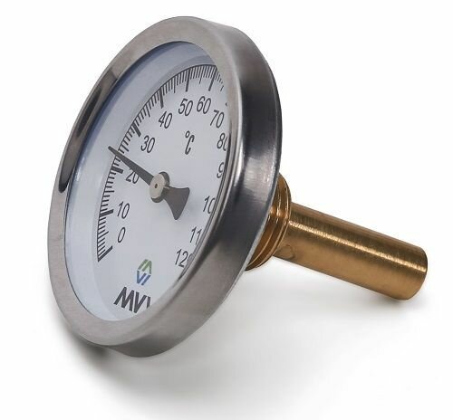 Термометр аксиальный MVI, биметаллический, диапазон показаний от 0C до 120C, диаметр корпуса 63 мм, погружной, подключение G1/2 арт. AT.63120.04